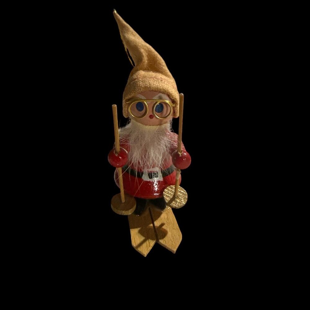 Vintage Ski Santa Ornament Scandinavian Christmas Lodge Wooden Mid Century Guy